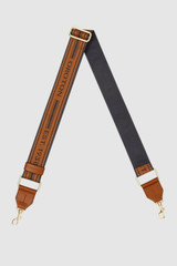Front product shot of the Oroton Heather Long Light Gold Webbing Strap in Navy/Cognac and 100% Jacquard webbing material for Women .