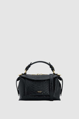 Front product shot of the Oroton Mica Texture Mini Bowler in Black Snake and Premium textured leather for Women .