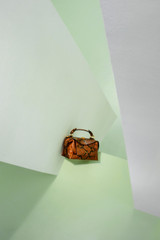 Profile view of model wearing the Oroton Mica Mini Bowler in Copper Snake and Premium textured leather for Women .