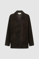 Front product shot of the Oroton Suede Jacket in Dark Chocolate and 100% suede leather for Women .