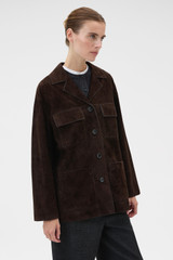 Profile view of model wearing the Oroton Suede Jacket in Dark Chocolate and 100% suede leather for Women .