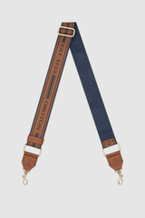 Front product shot of the Oroton Heather Long Light Gold Webbing Strap in Dark Navy/Cognac and 100% polyester material for Women .