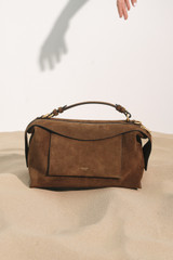 Detail product shot of the Oroton Mica Suede Large Bowler in Husk Brown and Premium cow suede leather for Women .
