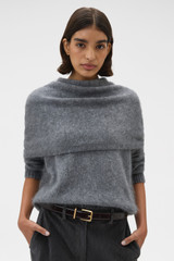 Profile view of model wearing the Oroton Cashmere Blend Scarf in Grey Marle and 70% ultra fine merino wool and 30% cashmere blend fabric for Women .
