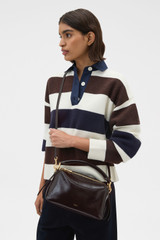 Profile view of model wearing the Oroton Lewis Crackle Day Bag in Dark Chocolate and Premium smooth leather for Women .