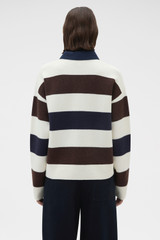Profile view of model wearing the Oroton Contrast Collar Rugby Knit in Whipped Cream and 100% supersoft merino wool fabric for Women .