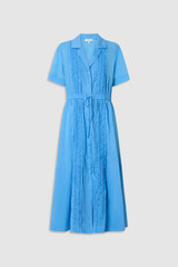 Front product shot of the Oroton Ruffle Detail Shirt Dress in Sea Blue and 100% cotton voile fabric for Women .