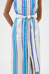 Profile view of model wearing the Oroton Shore Stripe Day Dress in Sea Blue and 100% heavy linen fabric for Women .
