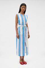 Profile view of model wearing the Oroton Shore Stripe Day Dress in Sea Blue and 100% heavy linen fabric for Women .