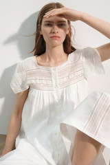 Profile view of model wearing the Oroton Lace Trim Day Dress in White and 100% ramie fabric for Women .