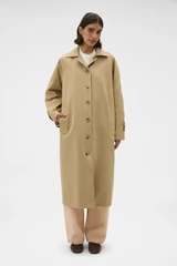 Profile view of model wearing the Oroton Reversible Check Mac in Camel and 100% soft cotton fabric for Women .