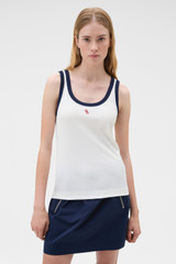Profile view of model wearing the Oroton Contrast Bind Tank in Antique White and 92% cotton and 8% spandex blend fabric for Women .