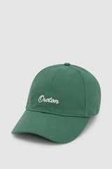 Front product shot of the Oroton Oroton Script Cap in Racing Green and 100% cotton canvas fabric for Women .