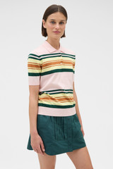 Profile view of model wearing the Oroton Multi Stripe Knit Polo in Multi and 100% cotton fabric for Women .