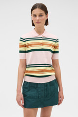 Profile view of model wearing the Oroton Multi Stripe Knit Polo in Multi and 100% cotton fabric for Women .