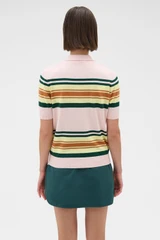 Profile view of model wearing the Oroton Multi Stripe Knit Polo in Multi and 100% cotton fabric for Women .