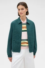 Profile view of model wearing the Oroton Pleated Bomber Shirt in Neptune Green and 100% cotton poplin fabric for Women .